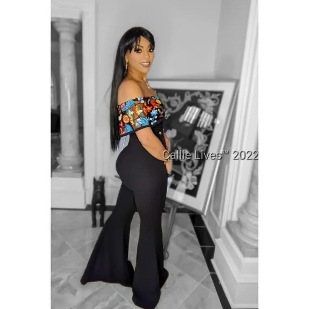 Callie Salsa Garden: Floral Net Off Shoulder Black Ruffle Jumpsuit Romper - Picture 5 of 9